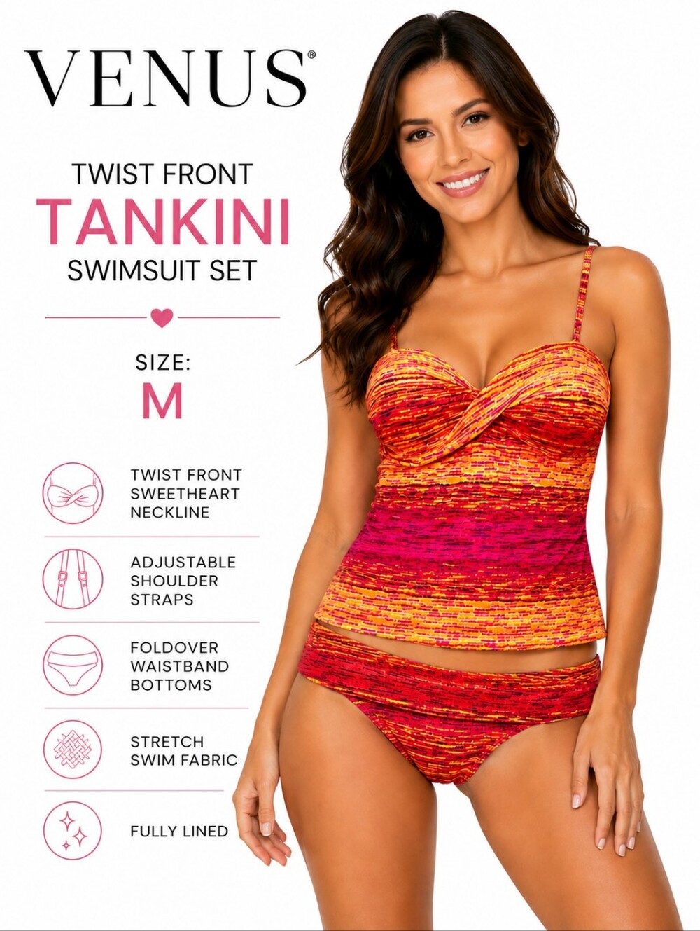VENUS Twist Front Space Dye Tankini Set in Red and Orange Ombre Size Large 12